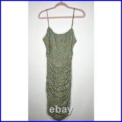 Vintage Betsey Johnson Slip Dress Y2K Green Ruched Floral Midi USA 2000s Silk XS