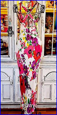Vintage Betsey Johnson Y2K 90s White Garden Floral Long Maxi Slip Dress Sz Small