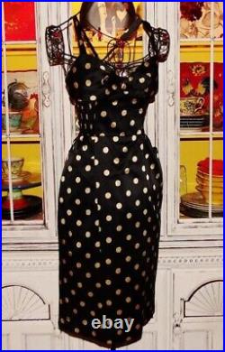 Vintage Betsey Johnson Y2K Amy Winehouse Black Polka Dot Bodycon Slip Dress Sz 8