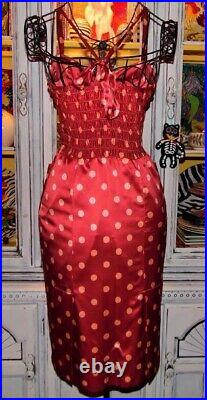 Vintage Betsey Johnson Y2K Amy Winehouse Red Polka Dot Silk Bodycon Slip Dress S