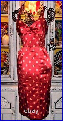 Vintage Betsey Johnson Y2K Amy Winehouse Red Polka Dot Silk Sheath Slip Dress S
