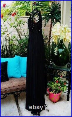 Vintage Betsey Johnson Y2K Black Sheer Silk Chiffon Daisy Long Maxi Slip Dress