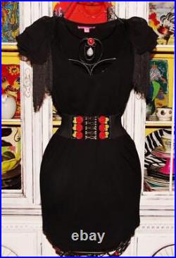 Vintage Betsey Johnson Y2K Dress Black Puffed Shoulder Fring Slip Tee Size S M L