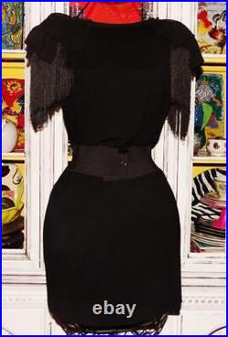 Vintage Betsey Johnson Y2K Dress Black Puffed Shoulder Fring Slip Tee Size S M L