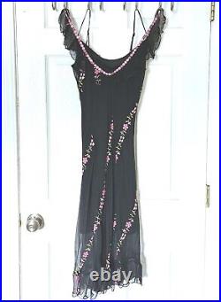 Vintage Betsey Johnson Y2K Midi Black Silk Slip Dress Pink Flowers 90s Sz 4 RARE