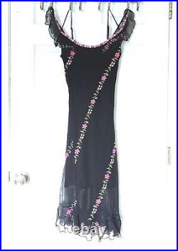 Vintage Betsey Johnson Y2K Midi Black Silk Slip Dress Pink Flowers 90s Sz 4 RARE