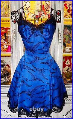 Vintage Betsey Johnson Y2K Pterodactyl Black Lace Silk Slip Dress Size 4 Small