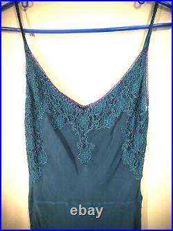 Vintage Betsey Johnson teal silk embroidered midi dress tag sz 8