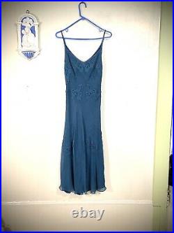 Vintage Betsey Johnson teal silk embroidered midi dress tag sz 8
