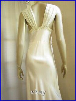 Vintage Bias Cut Hollywood 1930s Antique Silky Slip Maxi Dress Pink Beige Lace