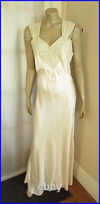 Vintage Bias Cut Hollywood 1930s Antique Silky Slip Maxi Dress Pink Beige Lace