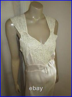 Vintage Bias Cut Hollywood 1930s Antique Silky Slip Maxi Dress Pink Beige Lace