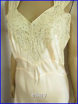 Vintage Bias Cut Hollywood 1930s Antique Silky Slip Maxi Dress Pink Beige Lace