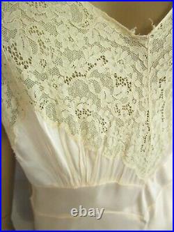 Vintage Bias Cut Hollywood 1930s Antique Silky Slip Maxi Dress Pink Beige Lace