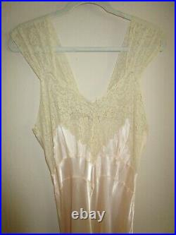 Vintage Bias Cut Hollywood 1930s Antique Silky Slip Maxi Dress Pink Beige Lace