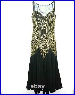Vintage Black Evening Gown Slip Dress S Sheer Gold Rainfall Glitter Low V Back
