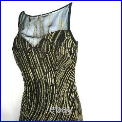 Vintage Black Evening Gown Slip Dress S Sheer Gold Rainfall Glitter Low V Back