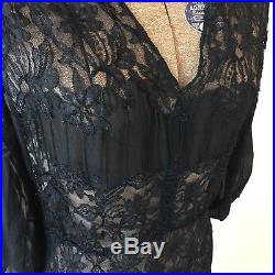 Vintage Black Lace Chiffon Slip Dress 1940s 1950s 38 32 44