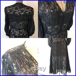 Vintage Black Lace Chiffon Slip Dress 1940s 1950s 38 32 44
