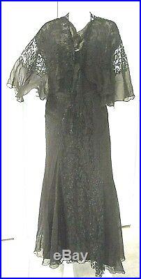 Vintage Black Lace Dress Gown Slip And Shawl 1930's Or 1940's