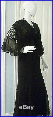 Vintage Black Lace Dress Gown Slip And Shawl 1930's Or 1940's