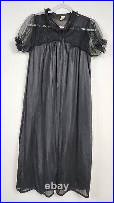 Vintage Black Lace Lingerie Two Piece Set Gown Slip Dress & Cover Peignoir Sz 36