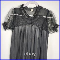 Vintage Black Lace Lingerie Two Piece Set Gown Slip Dress & Cover Peignoir Sz 36