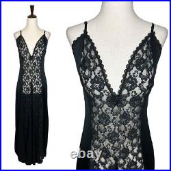 Vintage Black Lace Rose Satin Maxi Slip Negligee Night Dress Size Large