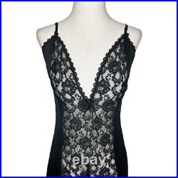 Vintage Black Lace Rose Satin Maxi Slip Negligee Night Dress Size Large