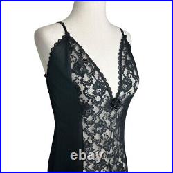 Vintage Black Lace Rose Satin Maxi Slip Negligee Night Dress Size Large