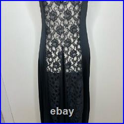 Vintage Black Lace Rose Satin Maxi Slip Negligee Night Dress Size Large