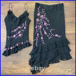 Vintage Black Silk Rose Appliqué Bead Ruffle Asymmetrical Top and Skirt Set