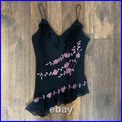 Vintage Black Silk Rose Appliqué Bead Ruffle Asymmetrical Top and Skirt Set
