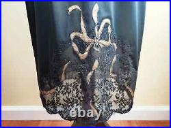 Vintage Black Slip Skirt Lace and Nylon with Satin Golden Satin Bows Appliques