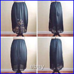 Vintage Black Slip Skirt Lace and Nylon with Satin Golden Satin Bows Appliques