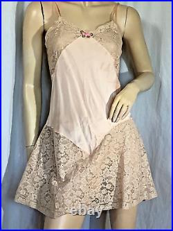 Vintage Bloomer Slip romper 100% Silk flapper 1920s chemise Lace pink S negligee