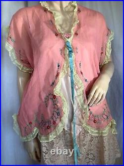 Vintage Bloomer Slip romper 100% Silk flapper 1920s chemise Lace pink S negligee