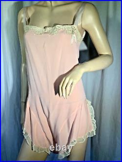 Vintage Bloomer Slip romper 100% Silk flapper 1920s chemise Lace pink S step in