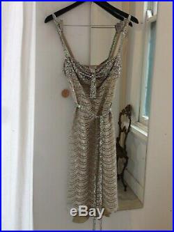 Vintage COLLETTE DINNIGAN sequin lace slip dress in beige silver sequin belt XS