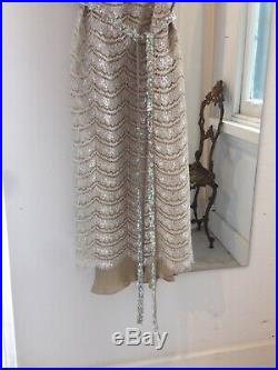 Vintage COLLETTE DINNIGAN sequin lace slip dress in beige silver sequin belt XS