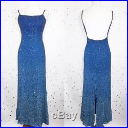Vintage Cache Slip Dress Small Ombre Blue Beaded Sequin Silk Backless Party Slit