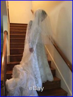 Vintage Cathedral Length Beaded Lace Wedding Dress Veil & Slip Included