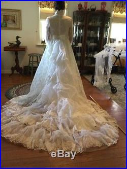 Vintage Cathedral Length Beaded Lace Wedding Dress Veil & Slip Included