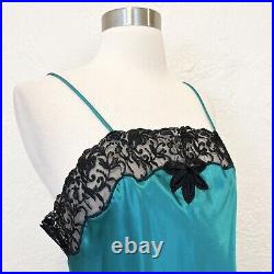 Vintage Christian Dior Slip Dress Chemise Nightgown Teal Black Satin Lace Medium
