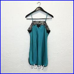 Vintage Christian Dior Slip Dress Chemise Nightgown Teal Black Satin Lace Medium