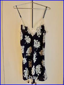 Vintage Christian Dior navy blue white silk satin floral lace slip mini dress S