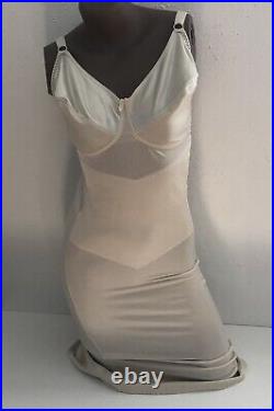 Vintage Crown-ette Shiny Shapewear Girdle Bra Long Slip Dress Shaper Ivory 38D