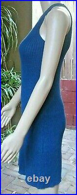 Vintage DKNY 100% Linen Halter Sweater Mini Dress Size 2P XS Blue Ribbed Stretch