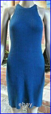 Vintage DKNY 100% Linen Halter Sweater Mini Dress Size 2P XS Blue Ribbed Stretch