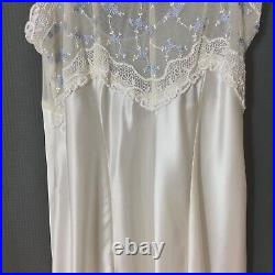 Vintage Dentelle L Slip Dress Mesh Bust with Flower Embroidery Silky Satin Gown